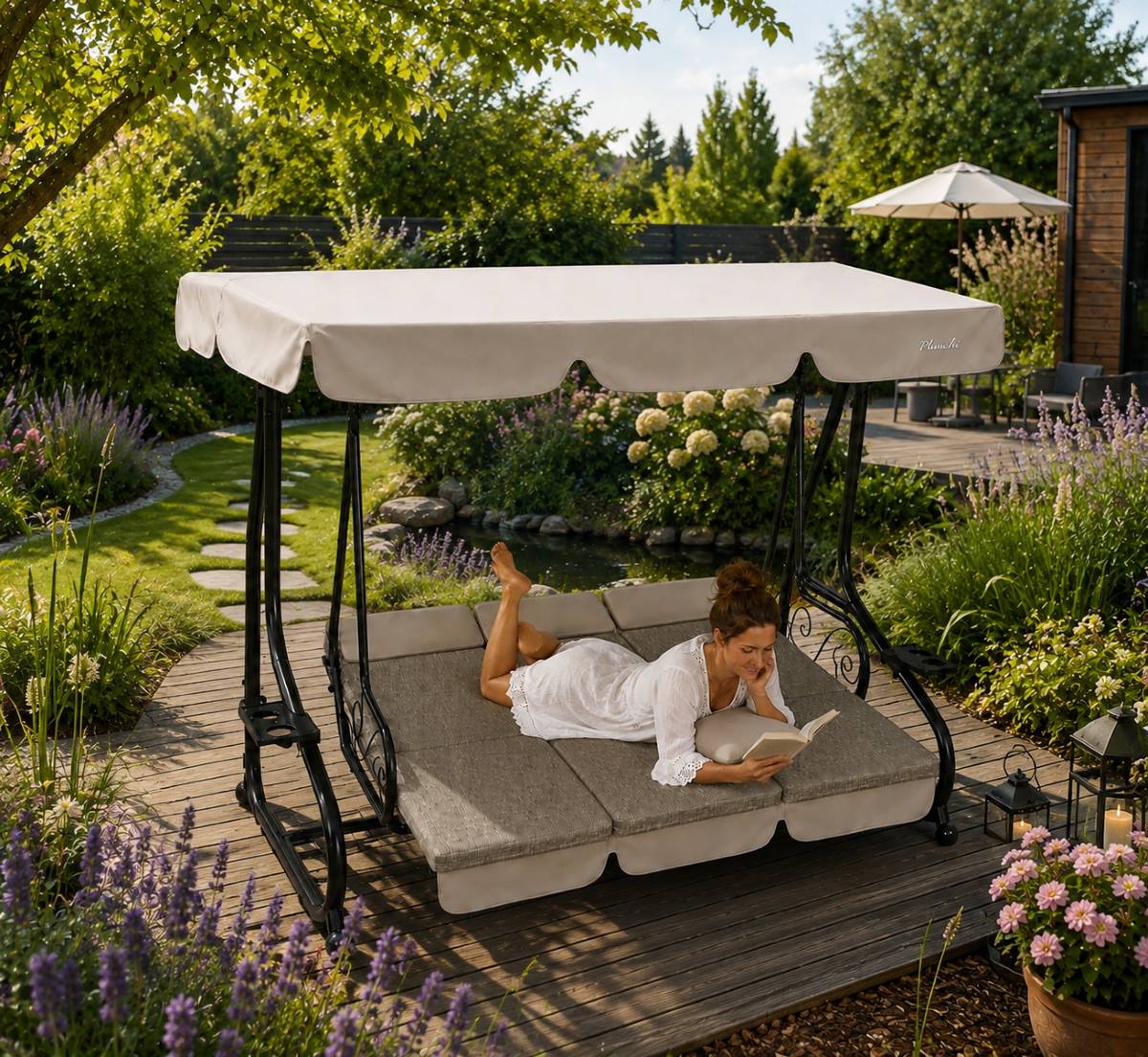 GardenLine Luxusní zahradní houpačka s lůžkem a držáky na nápoje pro 3 osoby 200 × 120 × 164 cm SORENTINO Mesh Taupe béžová 5